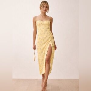 Reformation Kourtney Midi Dress Felicity Yellow Ditsy Floral Size 10 Tie Straps